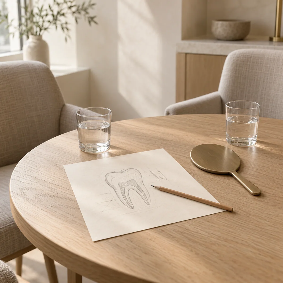 The consultation table at Larch & Lane: a pencil sketch of a tooth on a sheet of paper, a hand mirror and two glasses of water