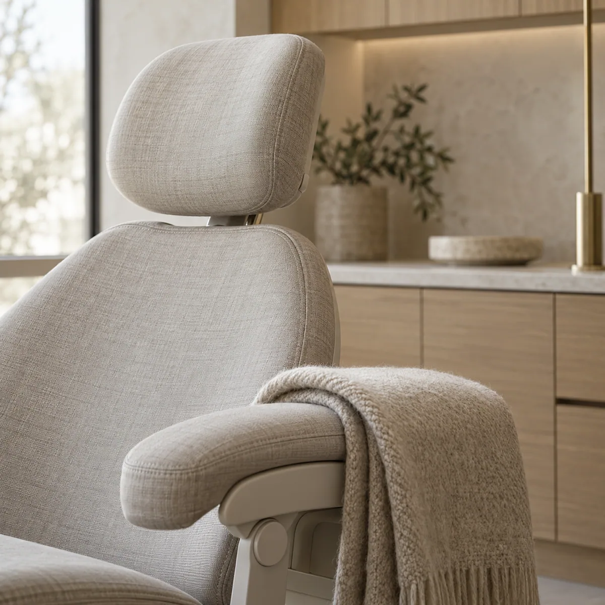 The headrest and armrest of a pale linen treatment chair with a folded wool throw over the arm, an oak storage wall softly out of focus behind