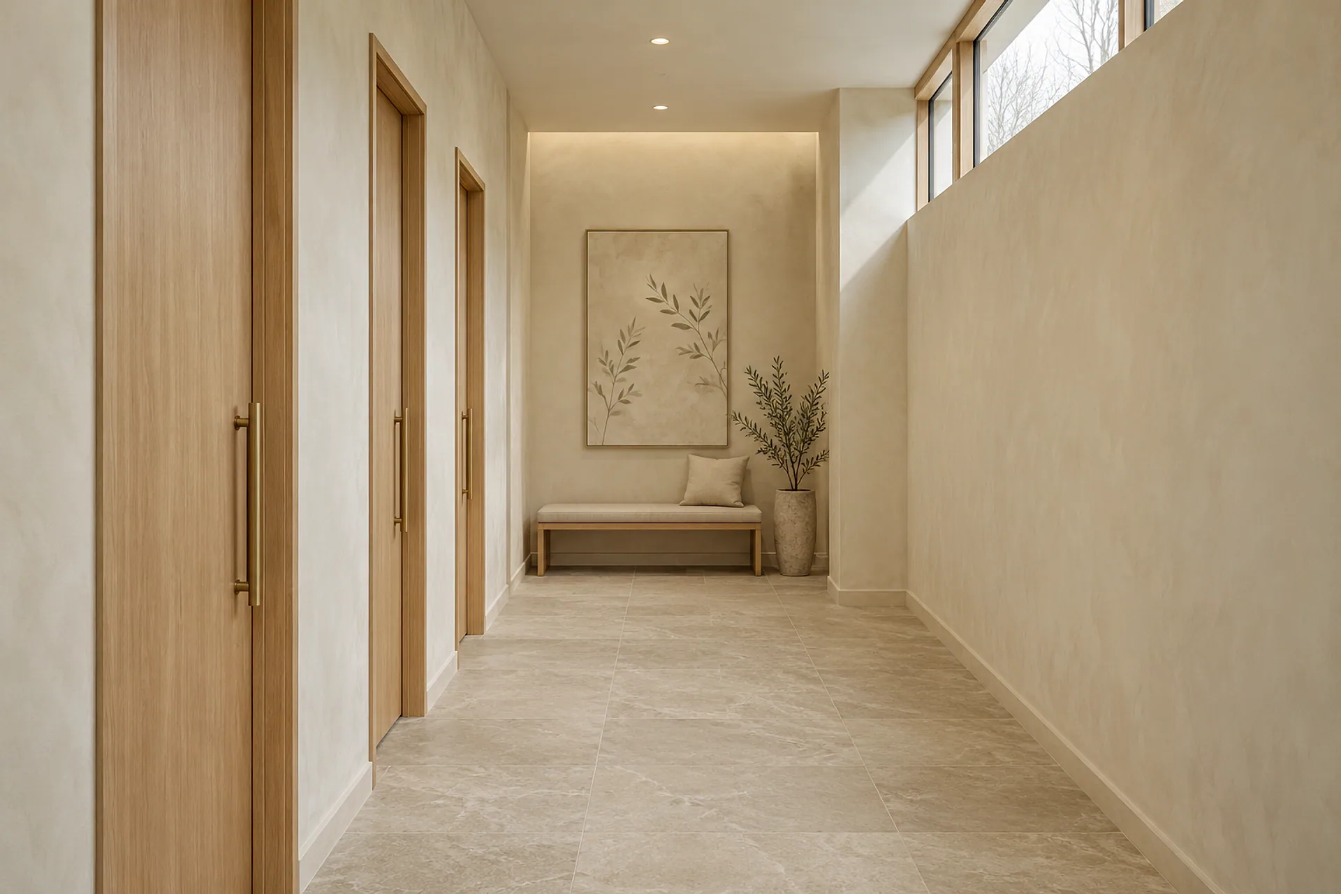 The corridor to the treatment rooms: three white-oak doors with brass pulls, a limestone floor and a linen bench under a clerestory window