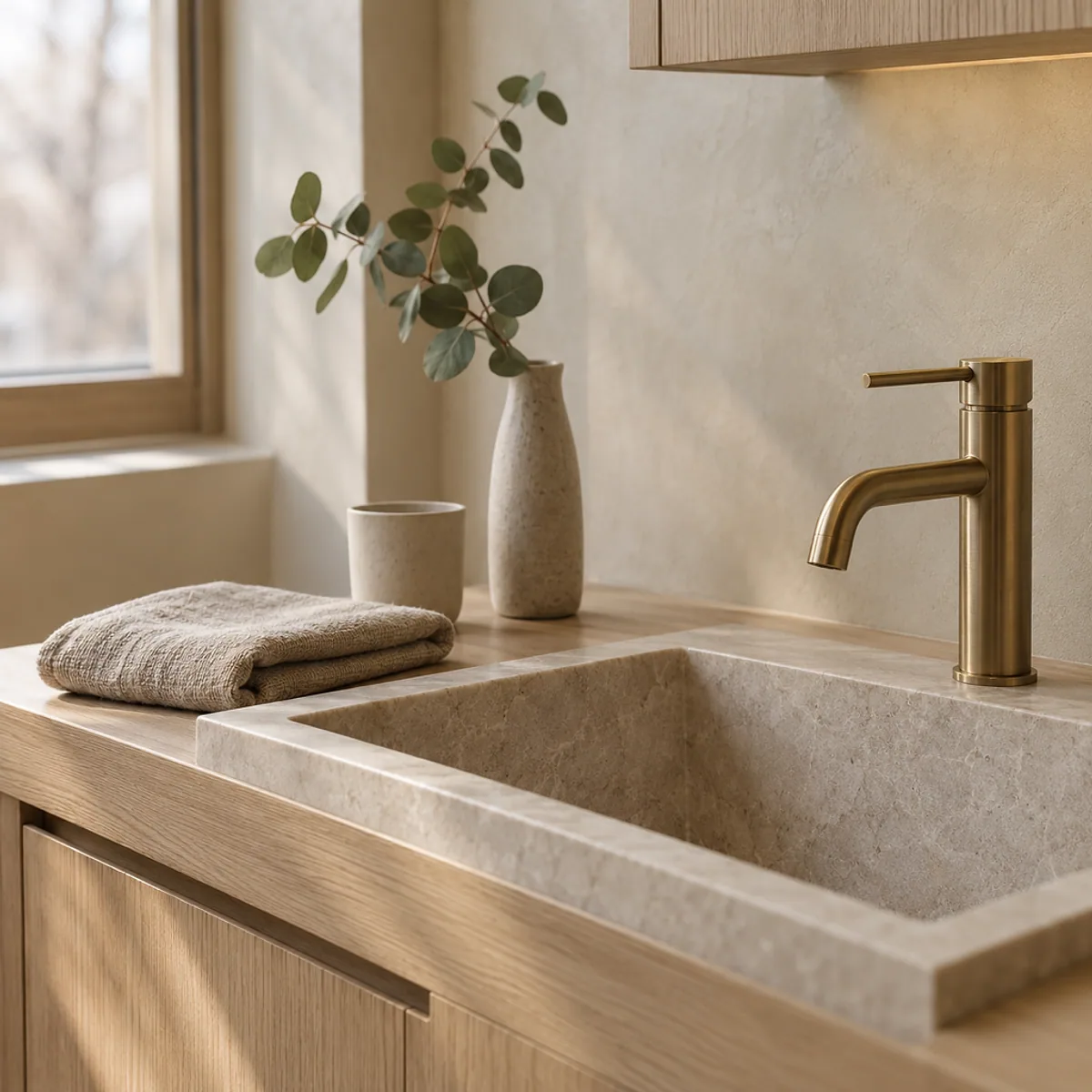 A honed limestone basin set into an oak counter, with a brass tap, a folded linen towel, a ceramic cup and a sprig of eucalyptus