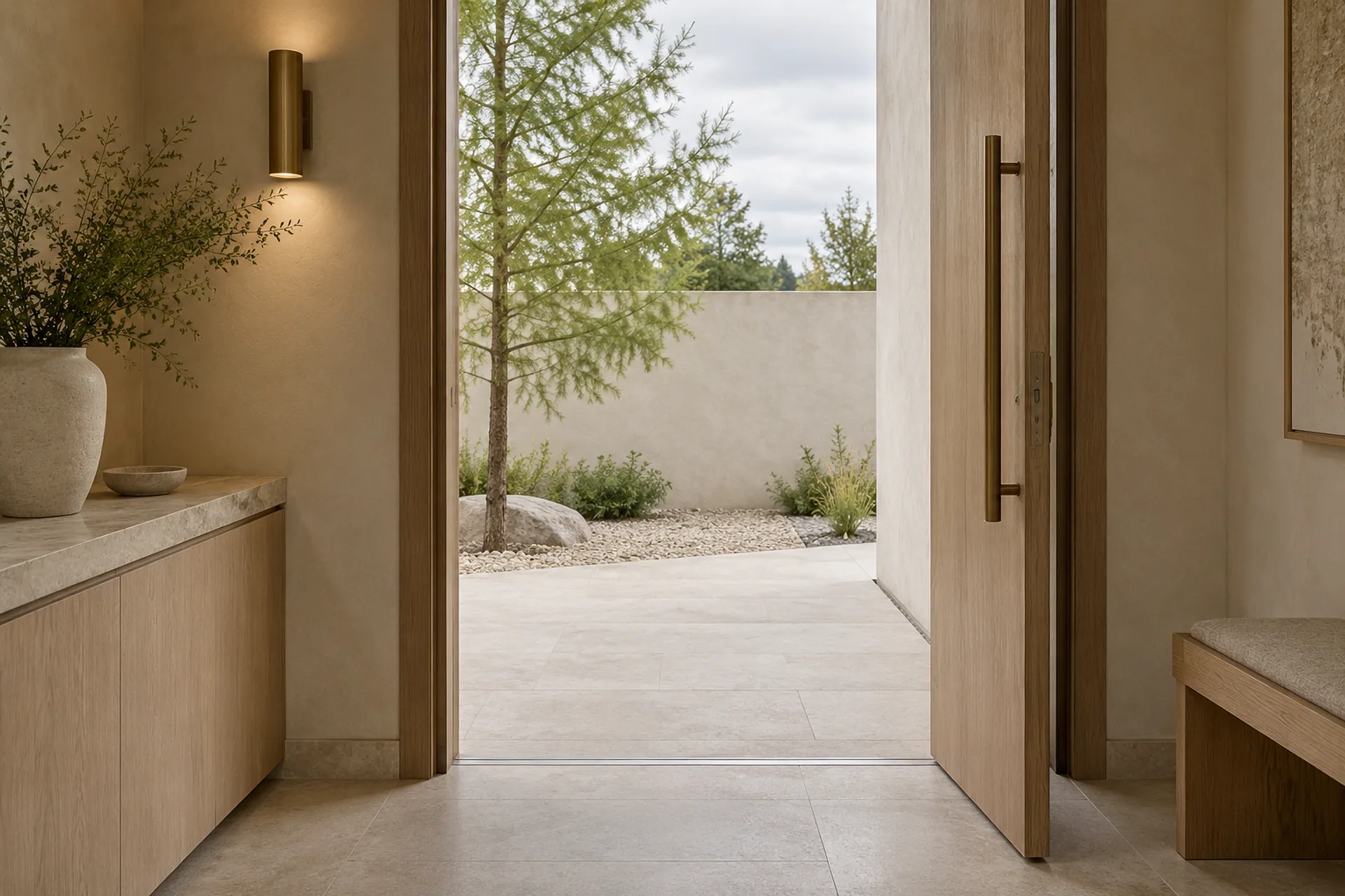 The step-free entrance from inside: a wide oak door standing open onto a level limestone threshold, with a young larch tree and a plaster wall outside
