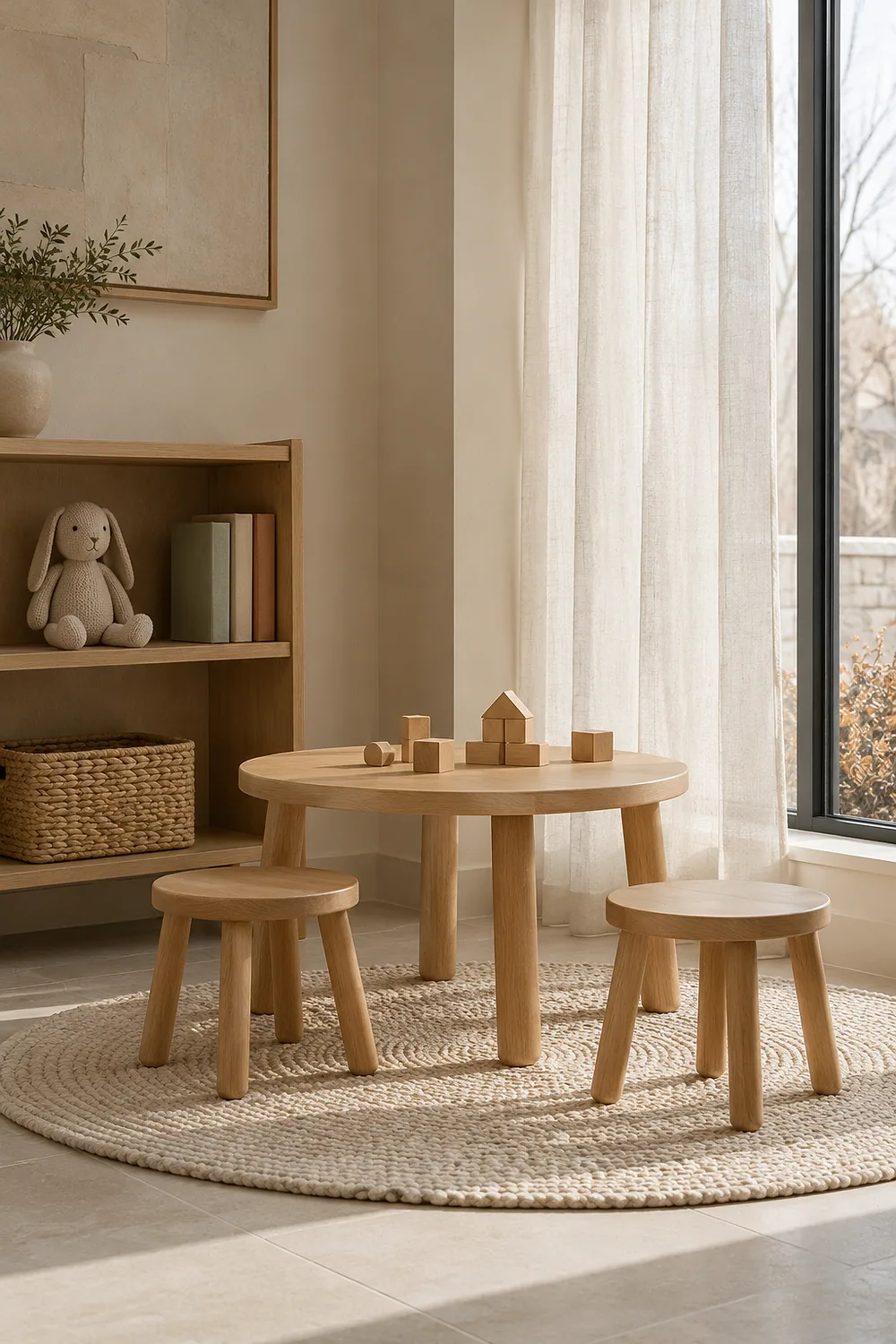 The kids’ corner: a low round oak table with two small stools on a wool rug, a shelf with a knitted rabbit and picture books, a tall curtained window