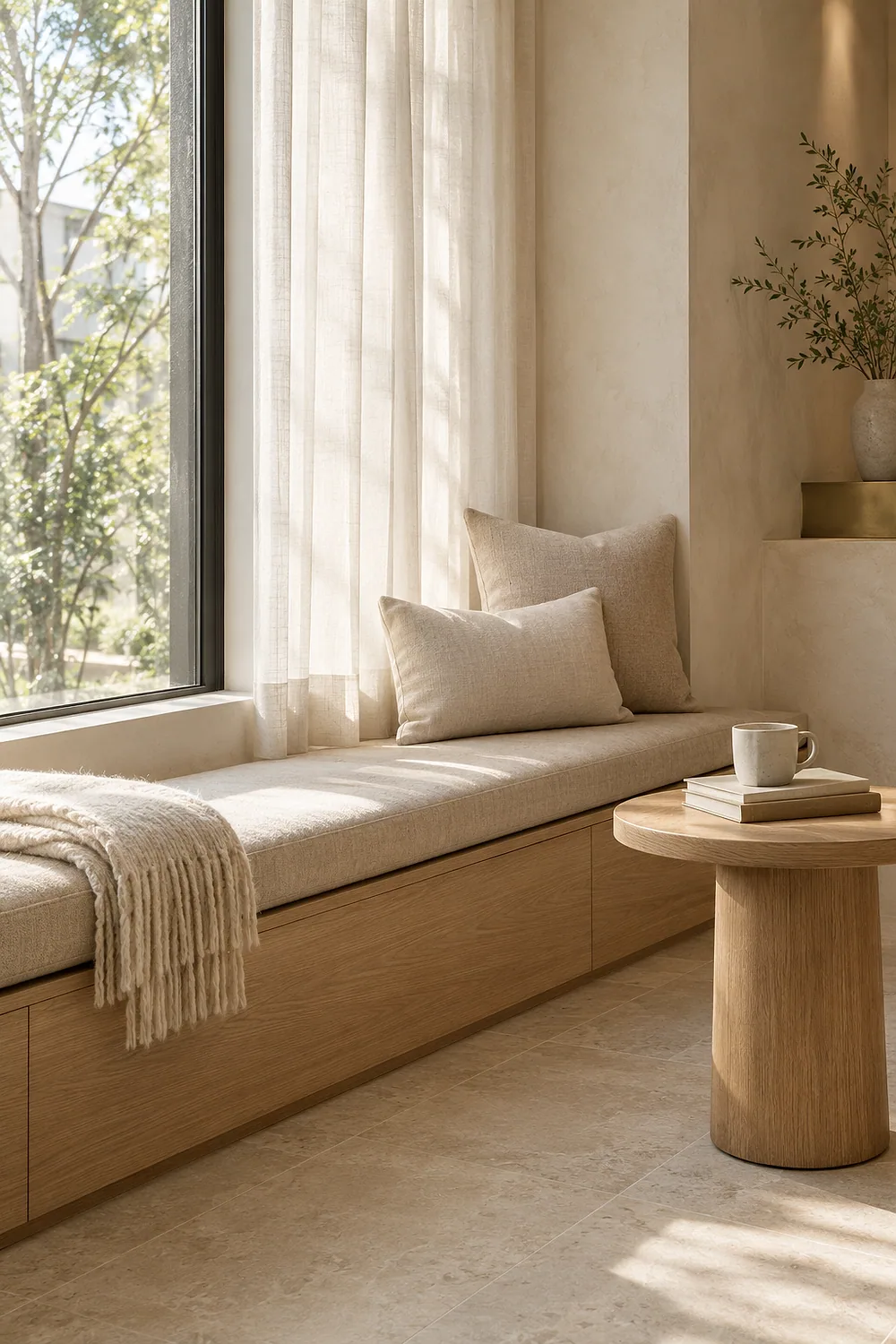 The reception’s window seat: a built-in oak bench with linen cushions and a wool throw under a sheer-curtained window, a cup and two books on a round side table