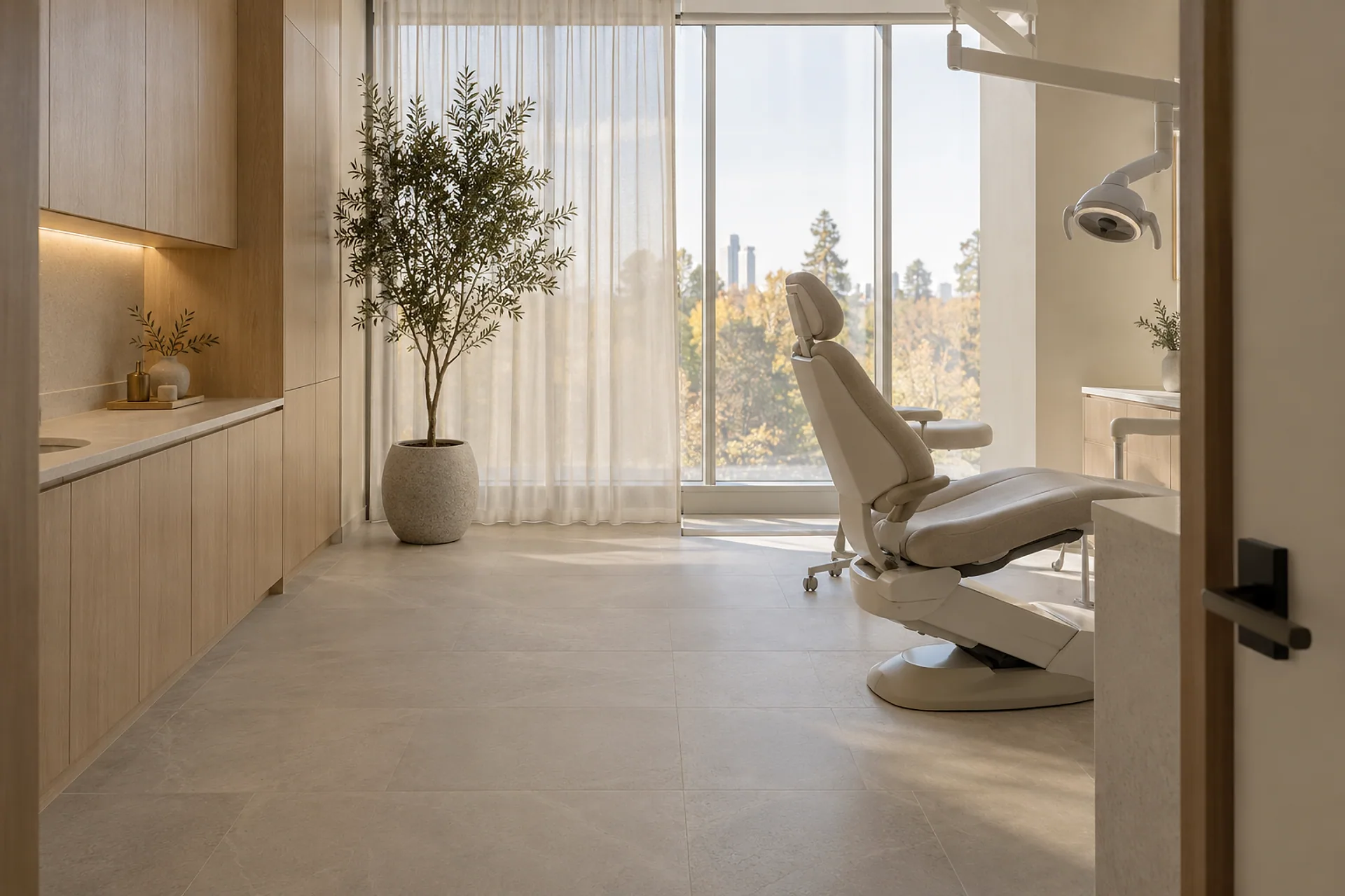 A treatment room at Larch & Lane Dental: an oak cabinet wall, a tall olive tree in a stone pot, and a pale dental chair facing a floor-to-ceiling window with trees beyond