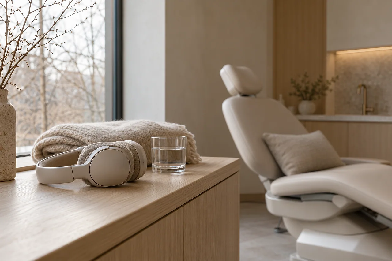 A treatment room made ready: soft headphones, a folded wool blanket and a glass of water on the oak counter, the linen chair behind