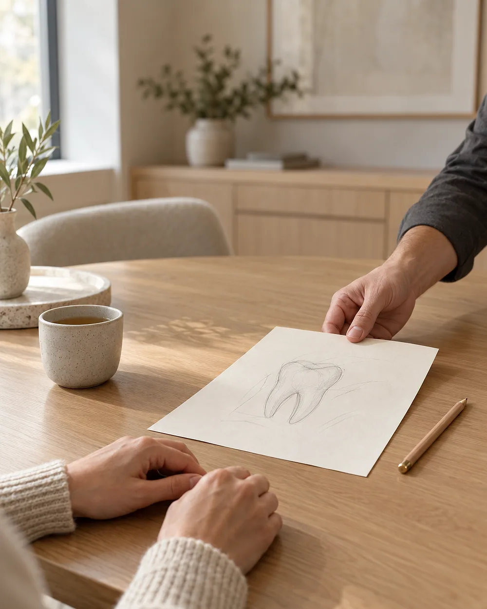 At the oak consultation table, a dentist slides a sheet with a pencil sketch of a tooth across to a patient