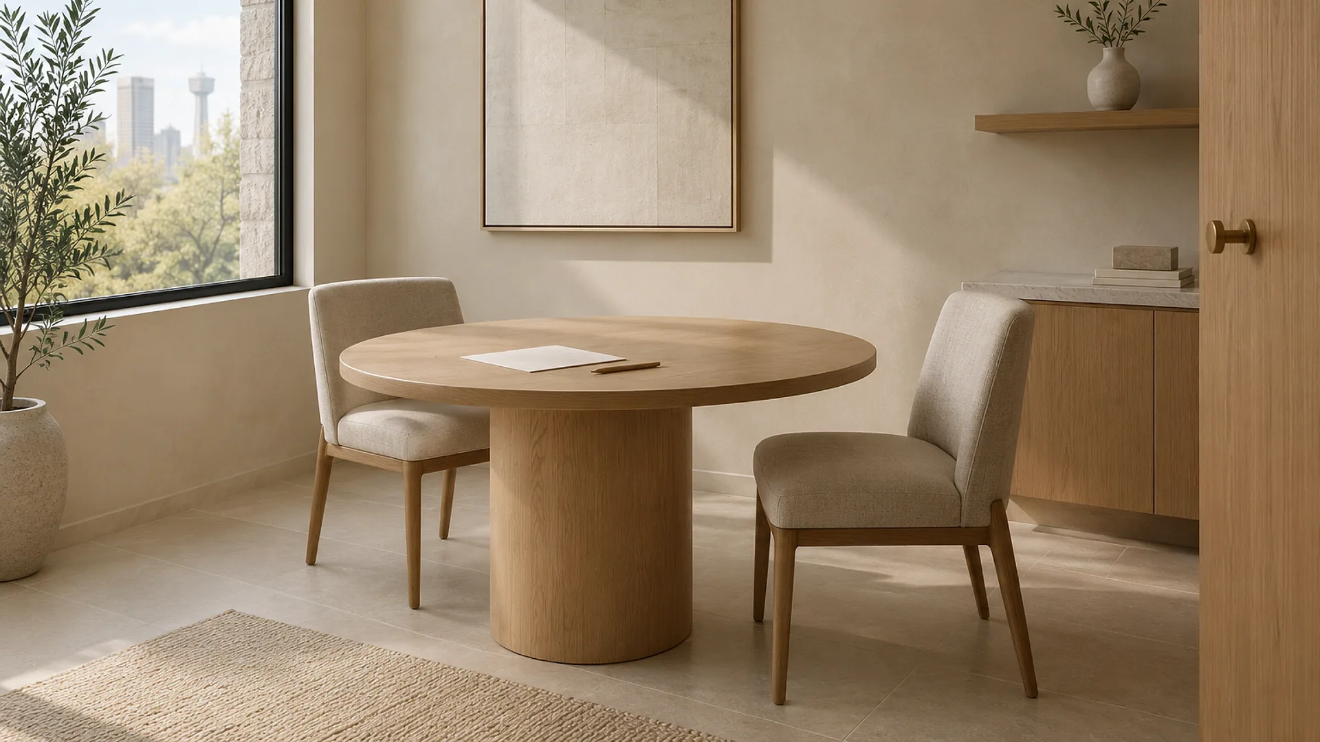 A small consultation room with a round oak table, two linen chairs and a pencil on a sheet of paper