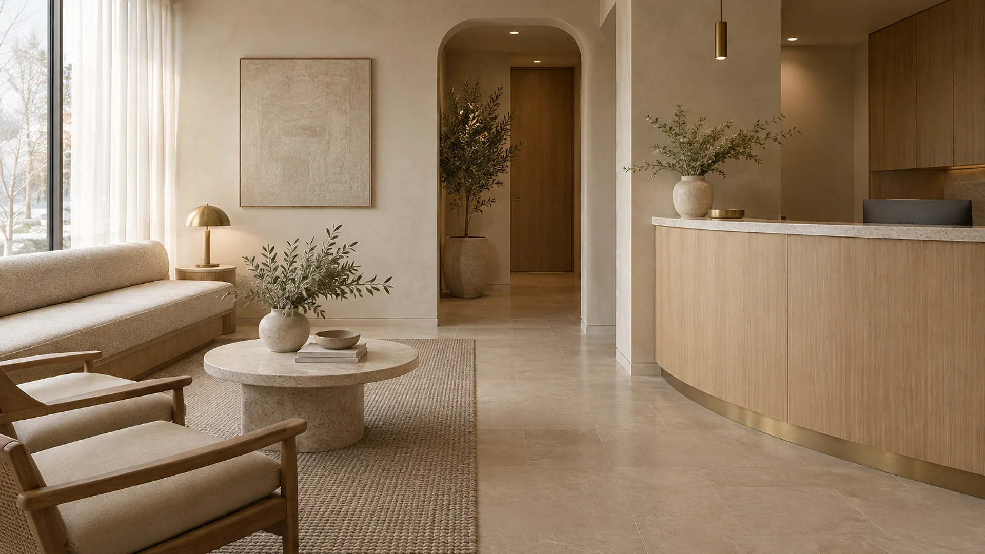 The reception lounge: a curved oak desk, a linen bench and a brass lamp beside a tall window