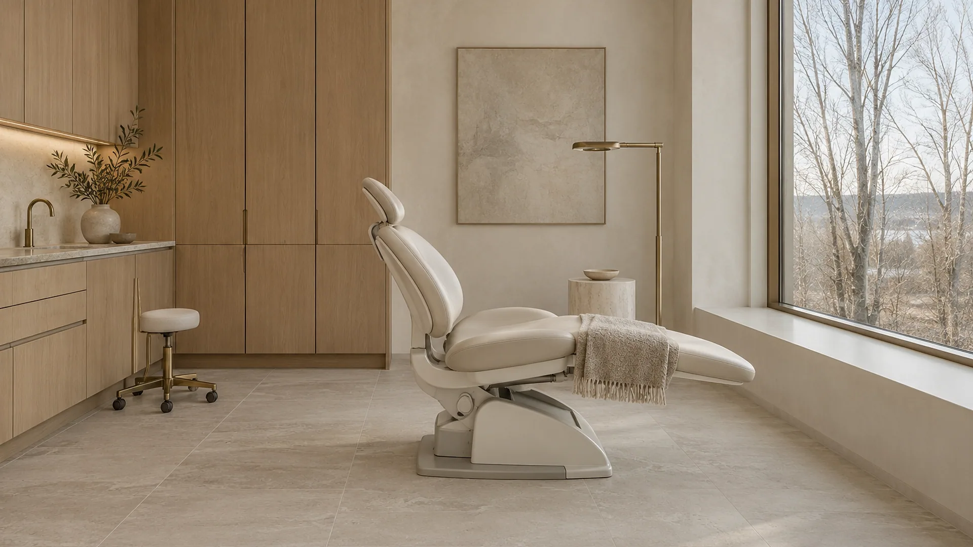 A treatment room with the chair facing a wide window and bare poplar branches outside