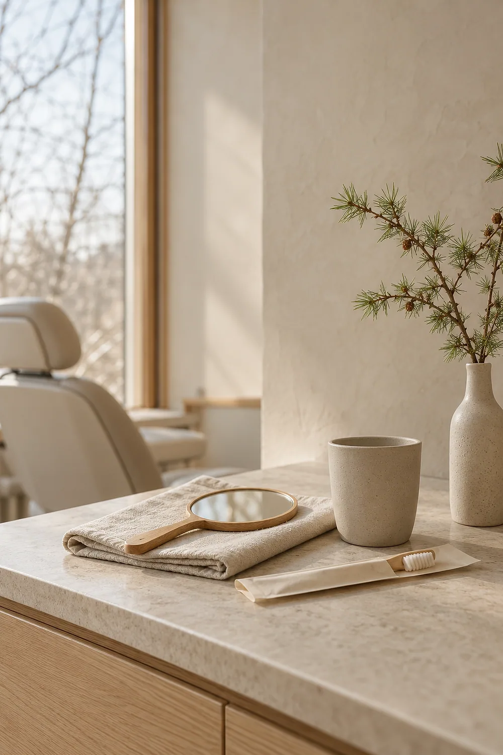 The hygienist's counter by the treatment-room window, set for the next patient: a folded linen napkin, a hand mirror, a ceramic rinse cup and a sprig of larch