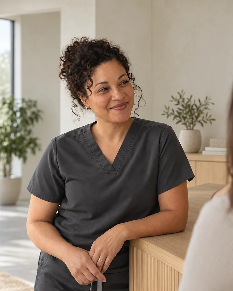 Dr. Hana Okafor leaning on the oak reception desk, smiling at someone off-frame
