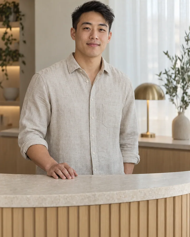 Jordan Lee standing behind the curved reception desk with one hand on the counter
