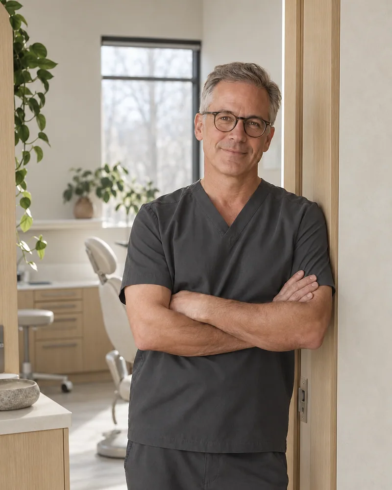 Dr. Marc Deslauriers standing in a treatment-room doorway with his arms folded