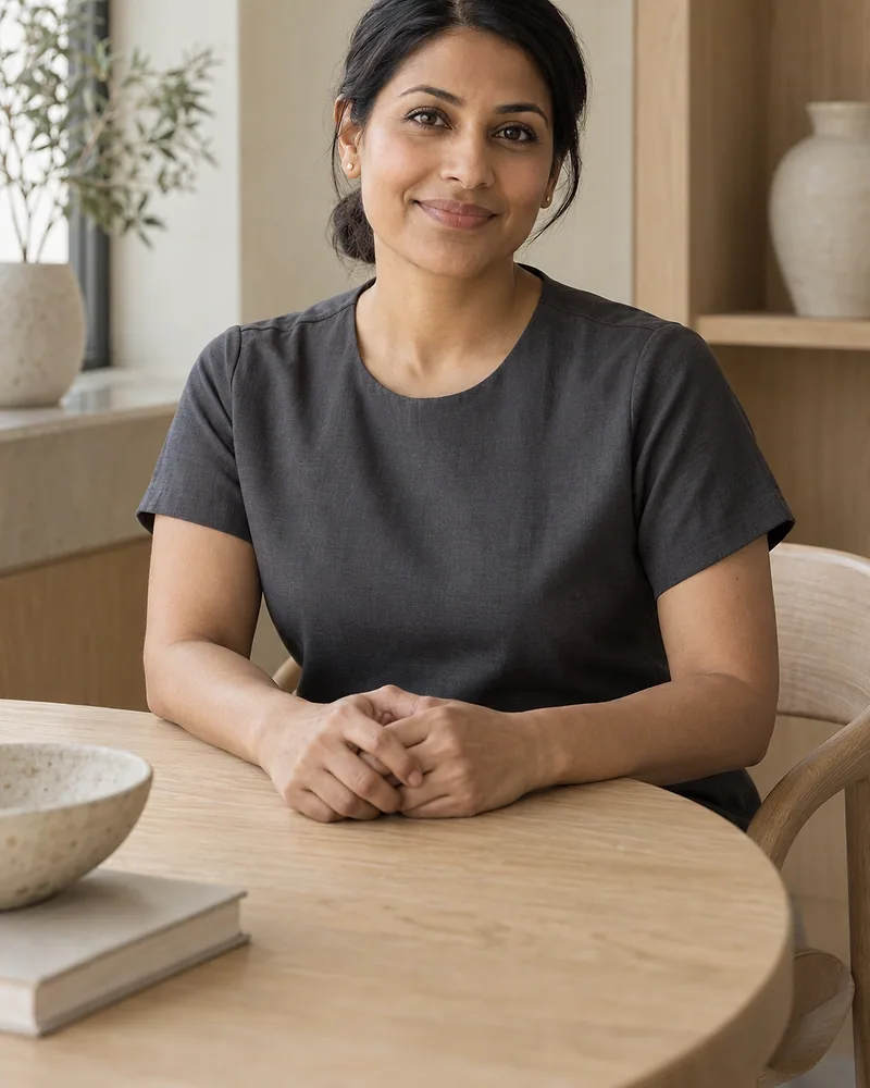 Priya Raman seated at the round consultation table with her hands clasped