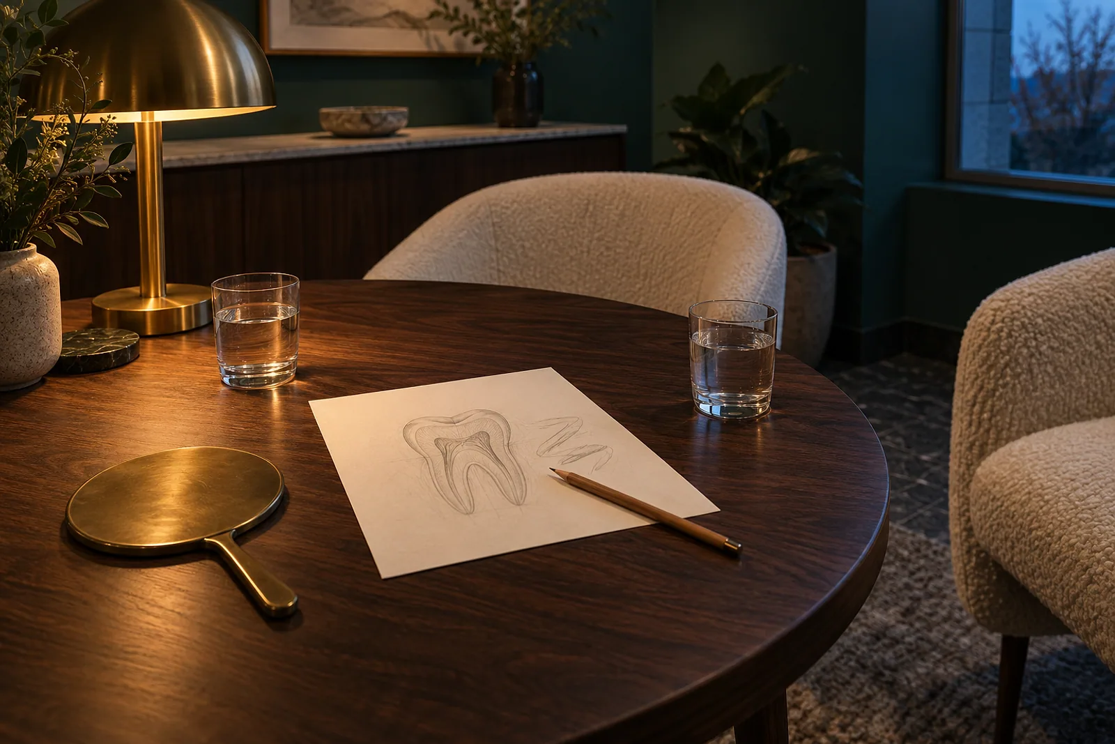 The consultation table at Larch & Lane in the evening: a pencil sketch of a tooth on paper under a brass lamp, a hand mirror and two glasses of water