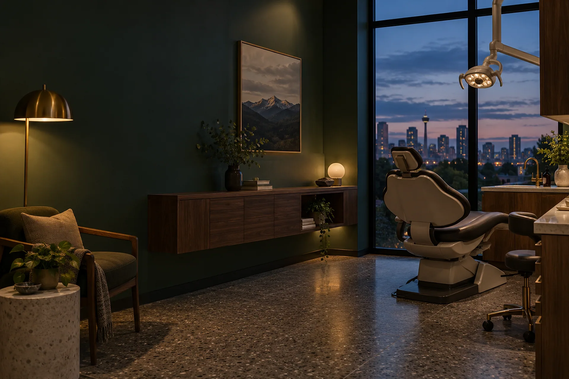 A treatment room at dusk: a brass lamp glowing beside a walnut cabinet, the dental chair turned toward a tall window with evening light
