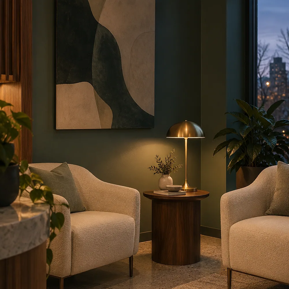 The consultation room: two cream armchairs either side of a walnut table with a lit brass lamp, under a large abstract painting.
