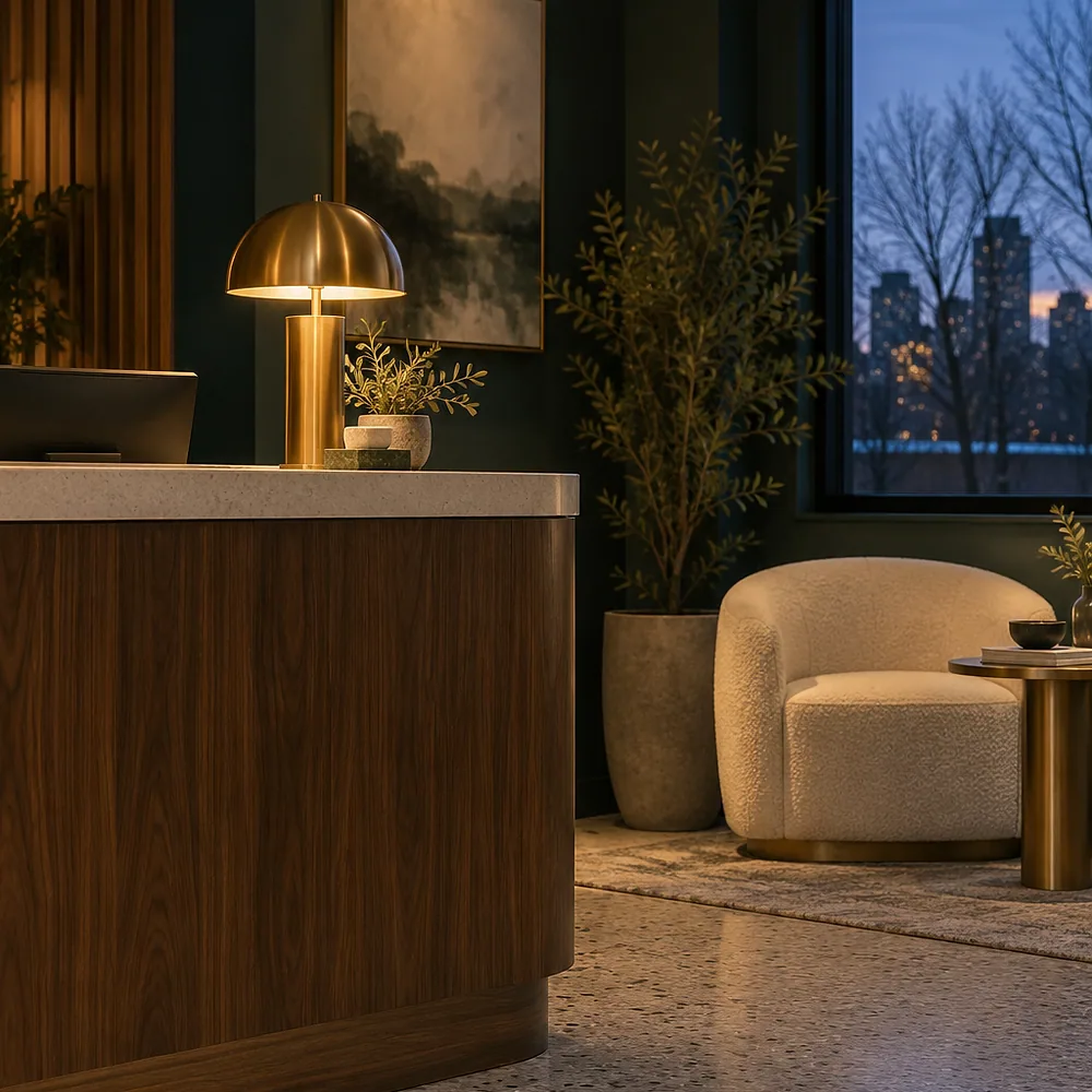 The reception at dusk: a brass lamp on a walnut desk, a cream armchair and a tall window onto bare trees and city lights.