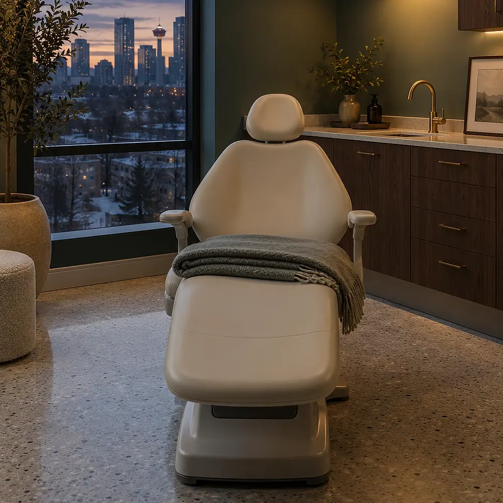 A treatment room at dusk with a cream dental chair under a folded grey blanket, a brass wall lamp and a tall window onto the city skyline.