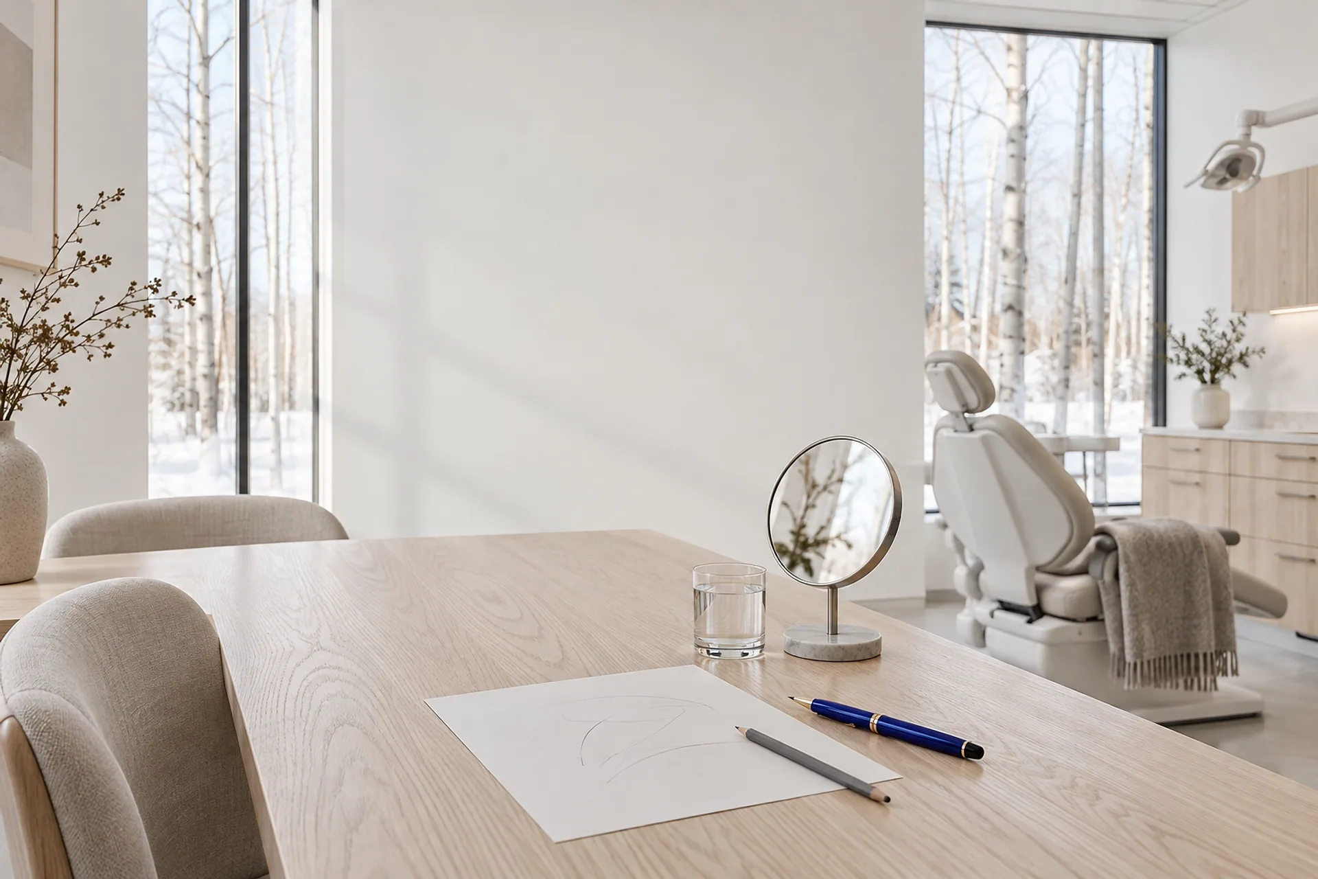 The consultation room: paper, a pencil, a blue fountain pen, a hand mirror and a glass of water on the ash table, the dental chair by the window beyond