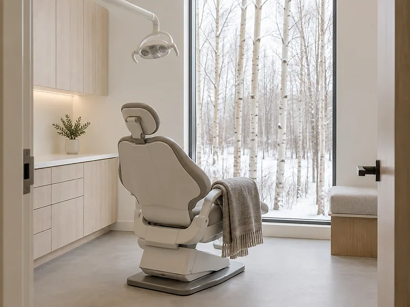 A treatment room seen from its doorway, the pale chair facing a tall window with birches in snow