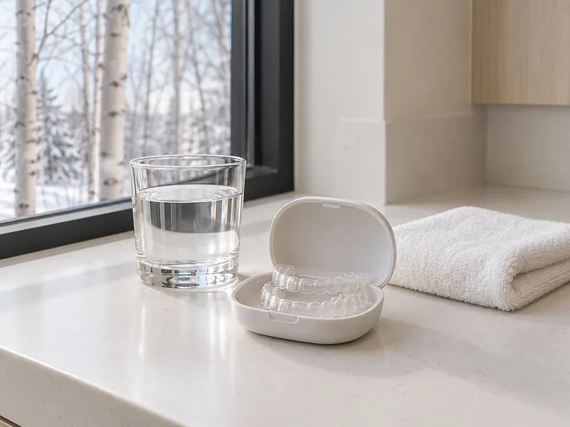 A pair of clear aligner trays rest in their small open white case on the white counter by the treatment-room window, beside a short glass of water and a folded white towel