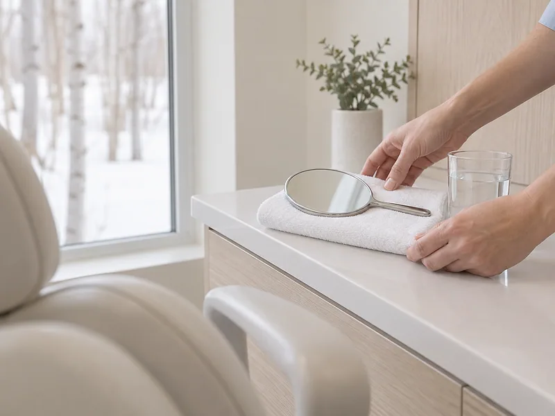 A hygienist's hands set a folded towel and a hand mirror on the counter beside the dental chair