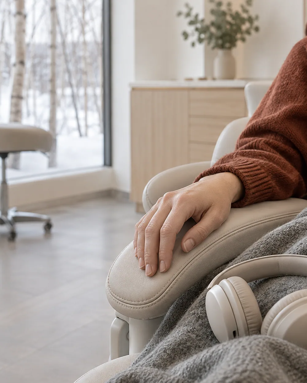 A patient's hand resting on the armrest of the dental chair, a grey blanket and headphones on their knees