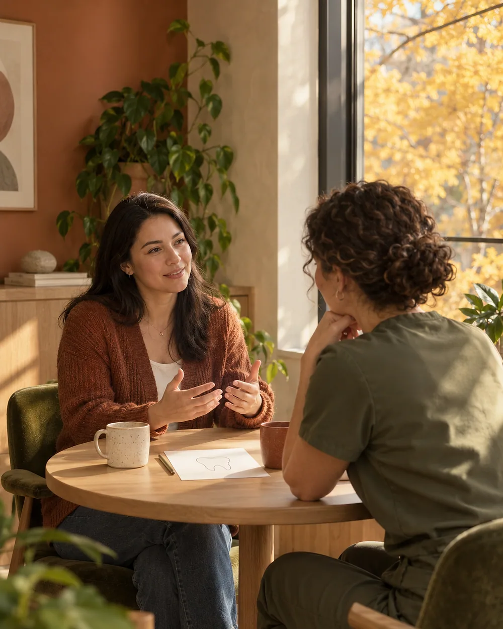 At a small oak table by the window, the dentist listens as a new patient in a rust cardigan talks with her hands, a pencil sketch of a tooth between them