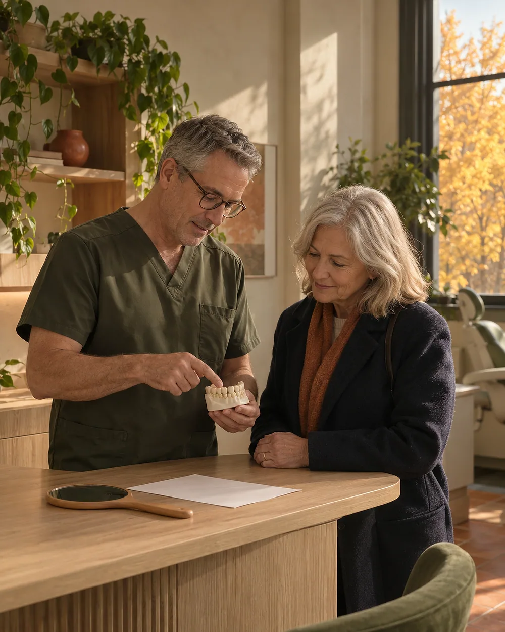 The dentist shows an older woman a plaster jaw model at the oak counter, both smiling