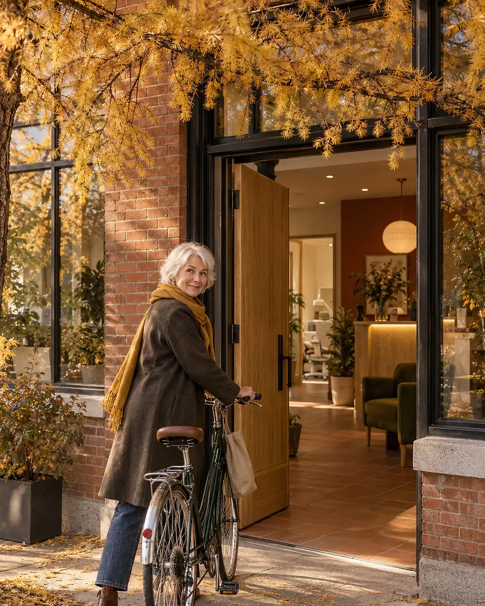 A woman with short white hair wheels her bicycle to the clinic's open wooden door under a larch turned gold