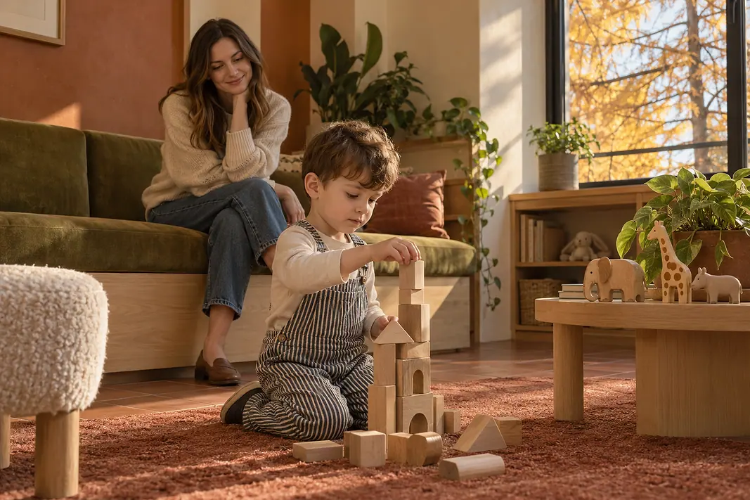 A small boy builds a tower of wooden blocks on a terracotta rug while his mother watches from an olive velvet bench