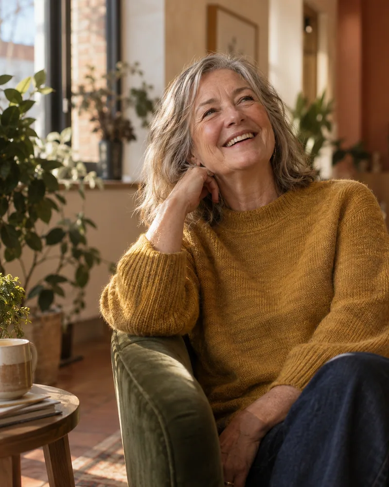 A woman in a mustard sweater laughs in an olive velvet armchair in the sunlit lounge