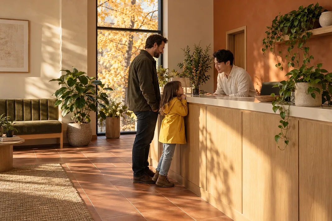 At the oak front desk, the treatment coordinator leans over to greet a father and his small daughter in a yellow raincoat