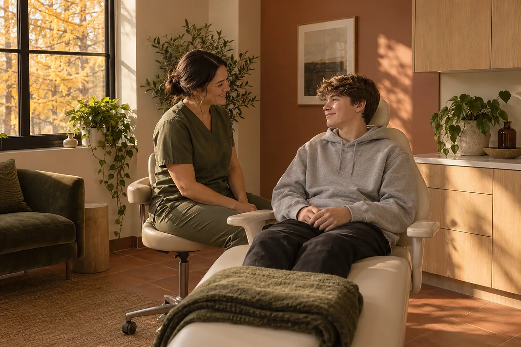 The hygienist and a teenage patient sitting up in the dental chair laugh together, gold larch leaves in the window