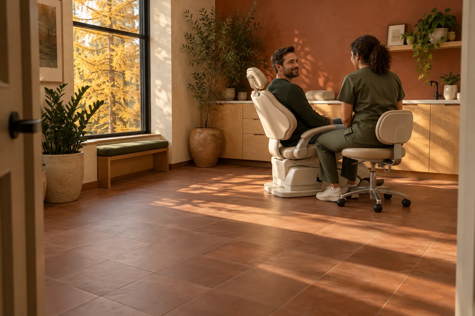 A treatment room in October light: a patient sitting up in the dental chair laughs with the dentist beside him, a larch turned gold in the window