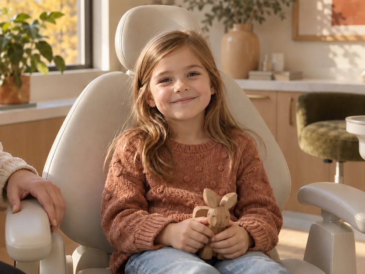 A girl in a rust sweater sits up in the dental chair holding a small wooden toy, a parent's hand on the armrest