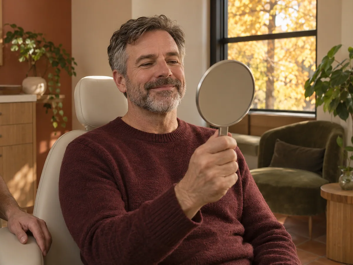 A man in a burgundy sweater sits up in the dental chair and checks his smile in a hand mirror