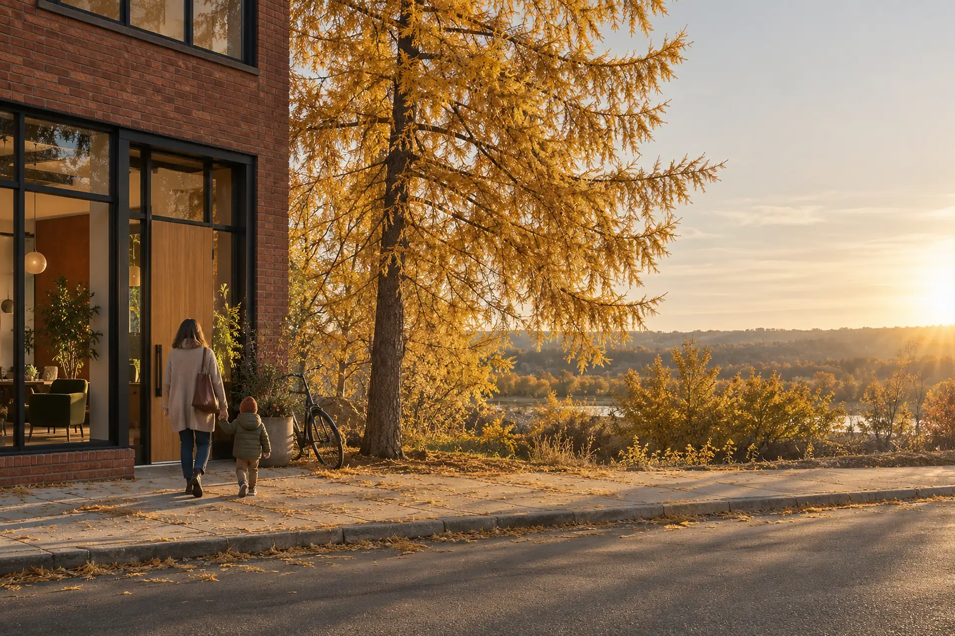 The clinic's brick corner on a Calgary street in October, a larch turned gold beside it, a parent and a small child walking to the door