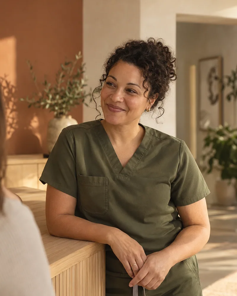 Hana leaning on a pale wooden counter, smiling at someone out of frame
