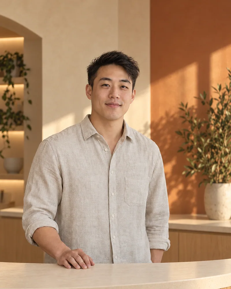 Jordan standing at the curved front desk, one hand resting on it