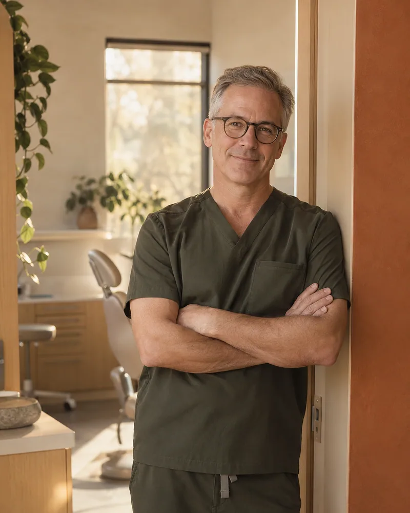 Marc leaning in a doorway with his arms folded, a treatment room behind him