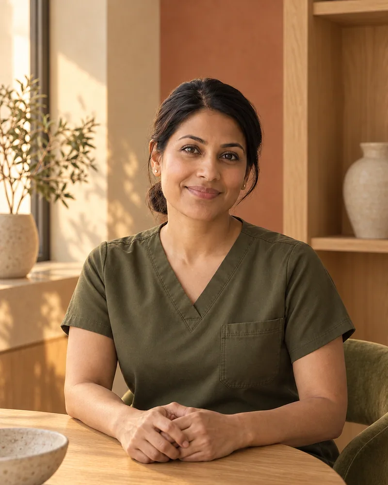 Priya seated at a round oak table, hands clasped, smiling