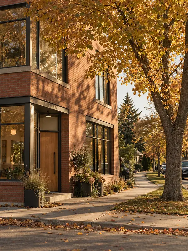 The clinic's red brick corner with tall black windows under a tree in October leaves, a bicycle by the wall