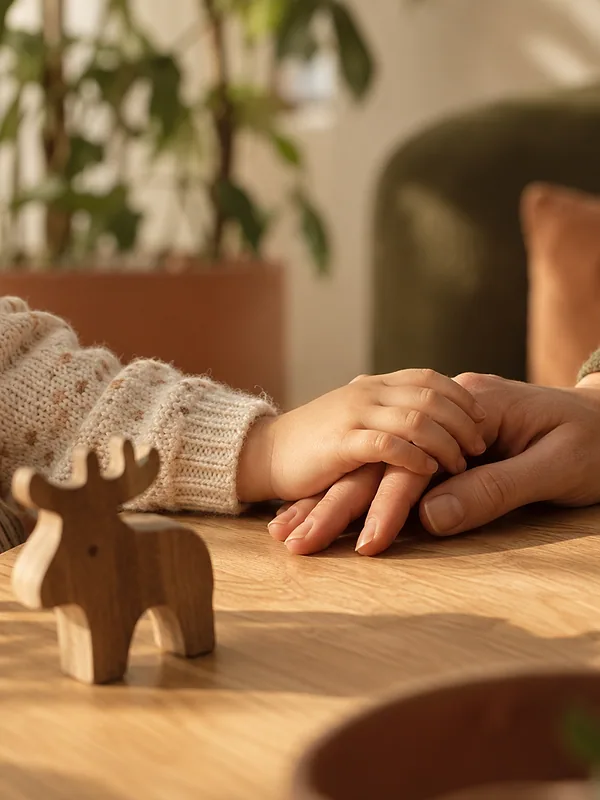 A child's hand resting on a parent's on a light oak table, beside a small wooden toy moose