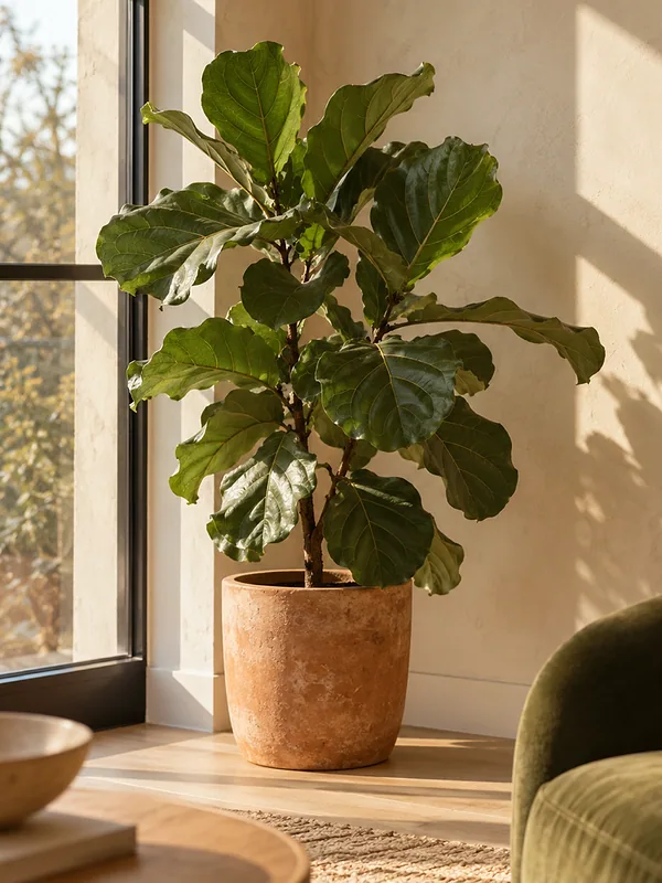 A fig tree in a terracotta pot by a tall window, afternoon sun on the cream plaster wall