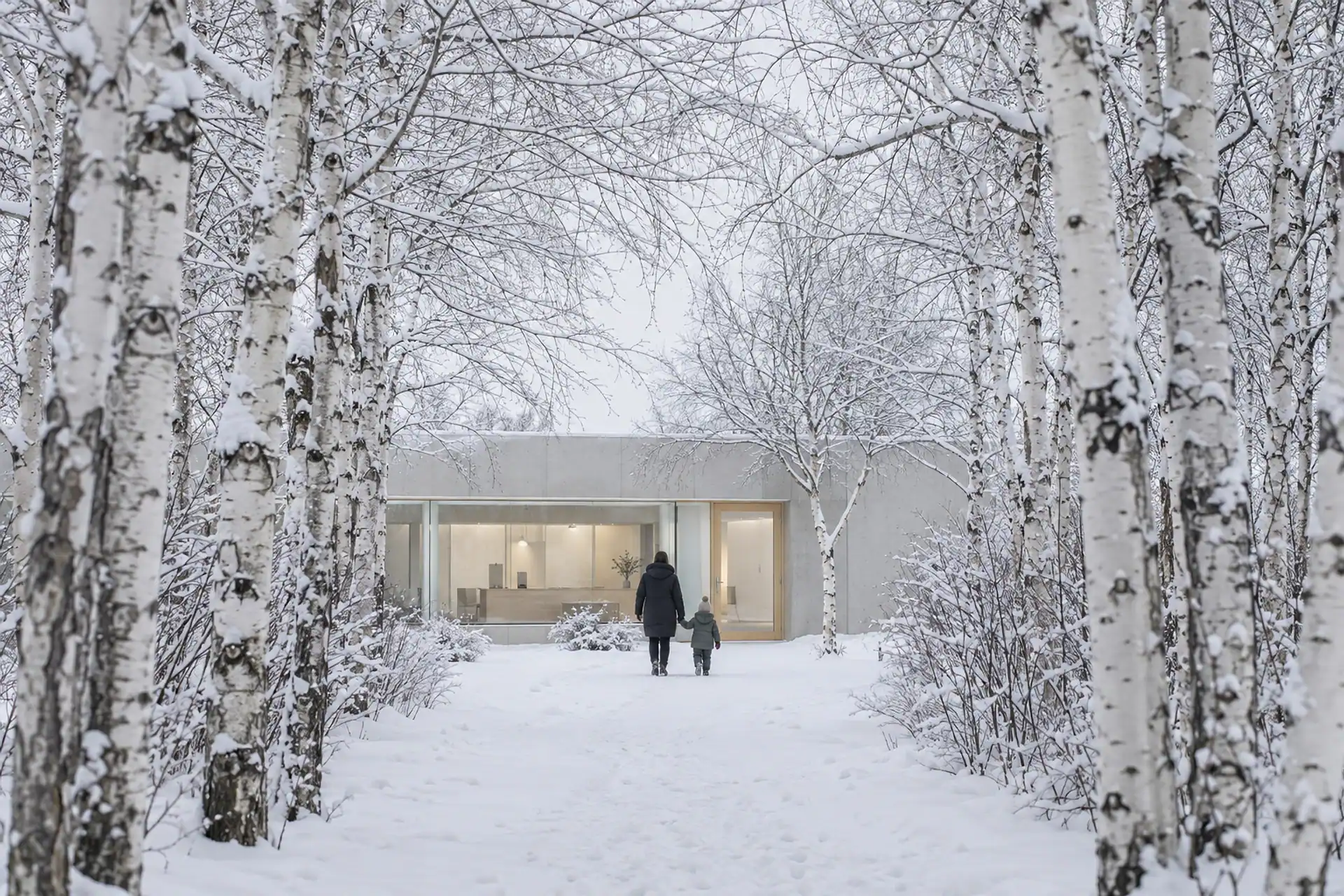 Larch Lane after fresh snow: birch trunks on both sides and, at the end, the clinic's low concrete front with a lit glass door, a parent and child walking toward it