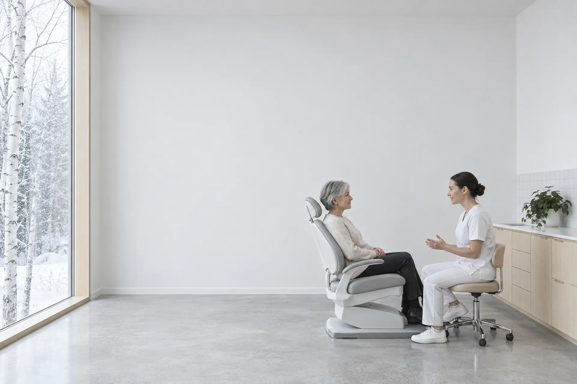 A treatment room on a snowy morning: a patient sits up in the pale grey chair talking with the hygienist beside her, birch trees in the tall window