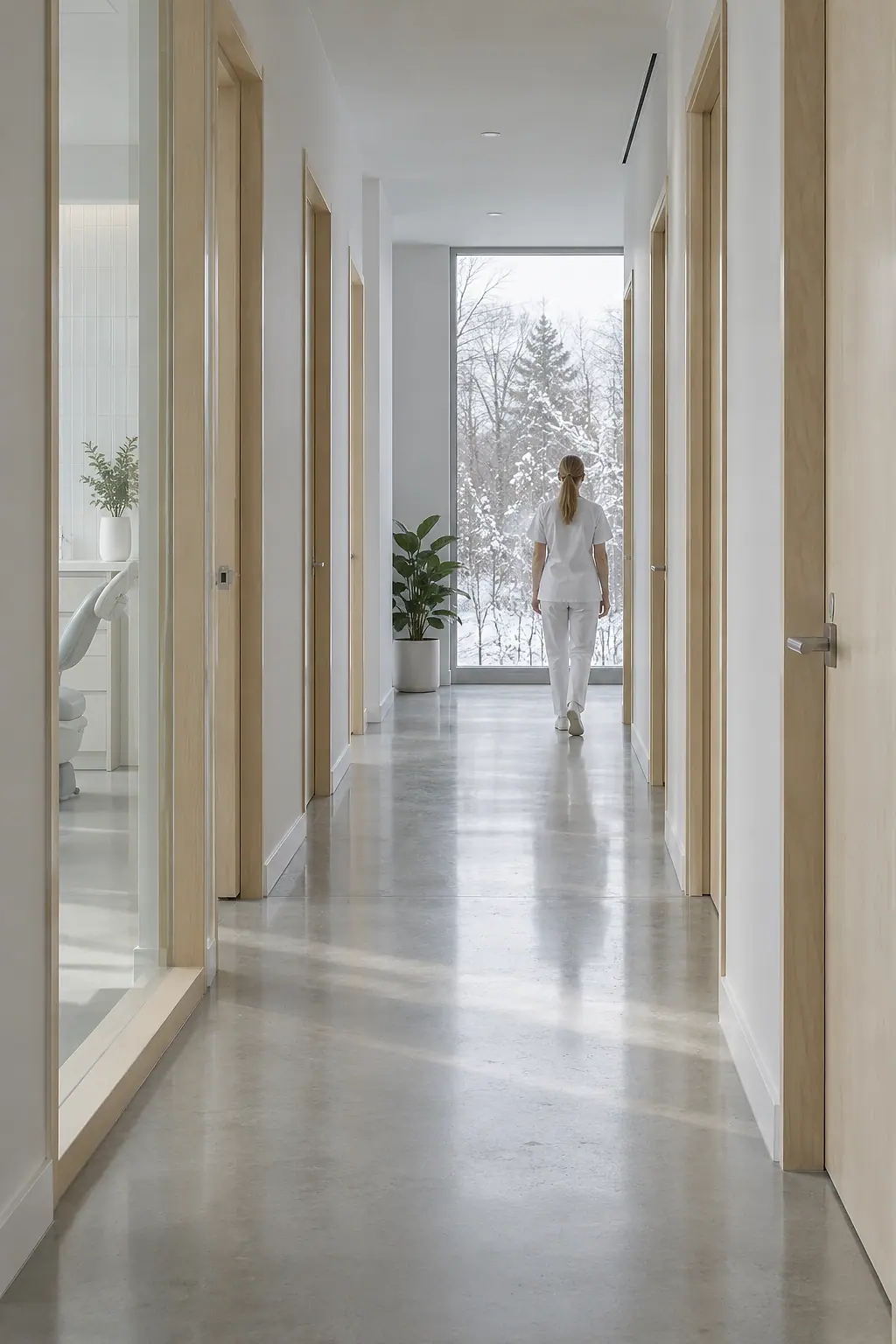 A long corridor with birch doors on both sides and window light across the concrete floor, a hygienist in white walking away at the far end