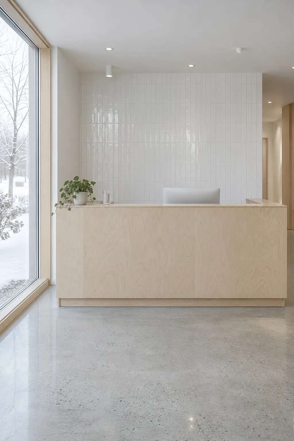 Reception: a low birch counter on a polished concrete floor against a white tiled wall, snow in the tall window beside it